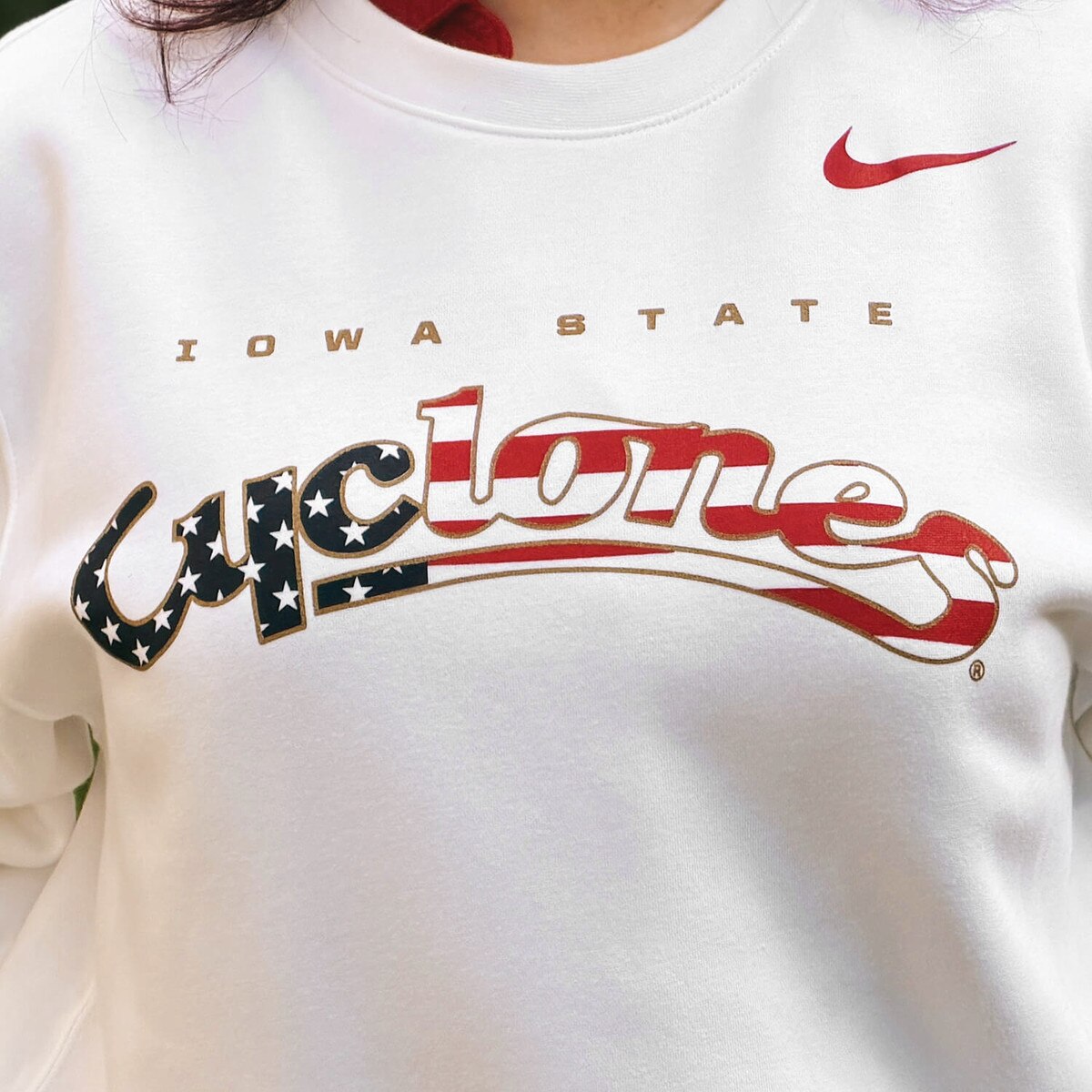 Nike Patriotic Script SU26 White Crewneck Sweatshirt design close up